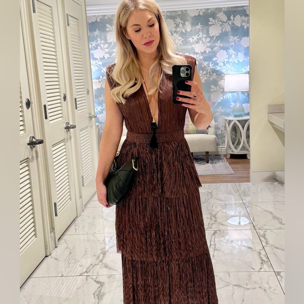 Sabina Musáyev Skylar Tiered Belted Metallic Gown - Picture 2 of 7